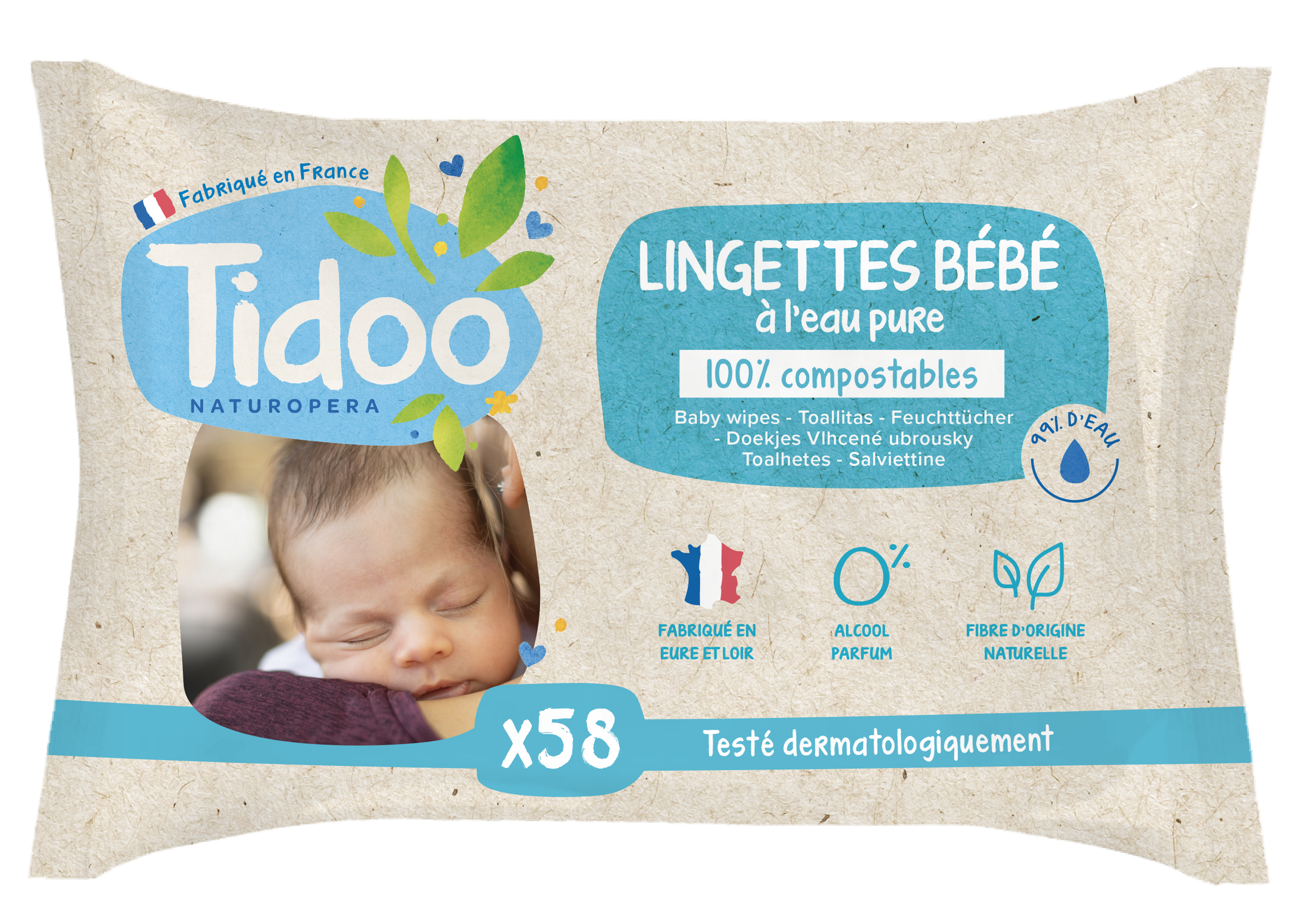 Tidoo Lingettes compostable à l'eau pure 58pc